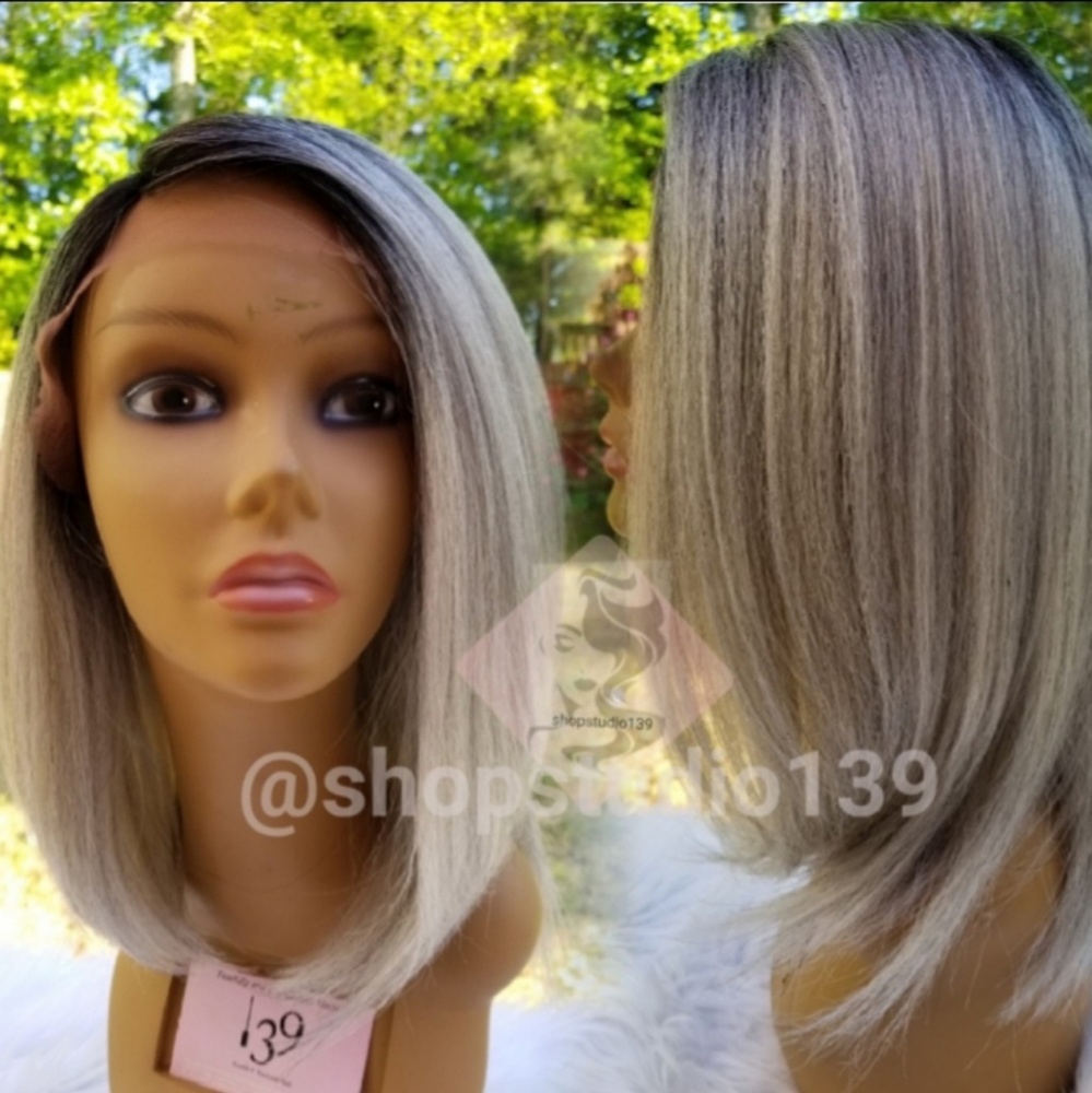 Grey with black roots wig